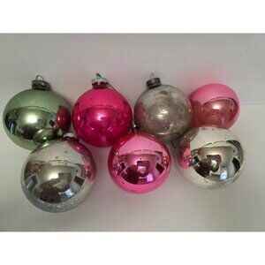 Vintage Shiny Brite Glass Christmas Tree Ornaments Set Of 7 Pink Silver Green